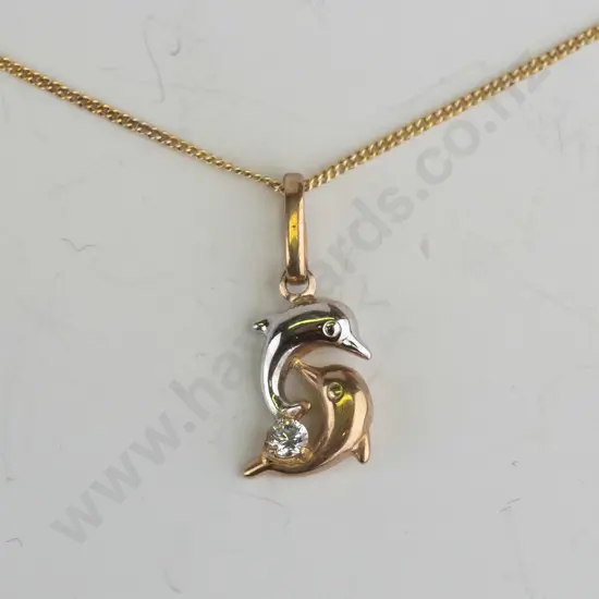 9ct 2 stone gold dolphin & rolled gold chain