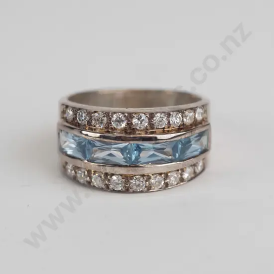aquamarine and cz sterling silver ring  - size O