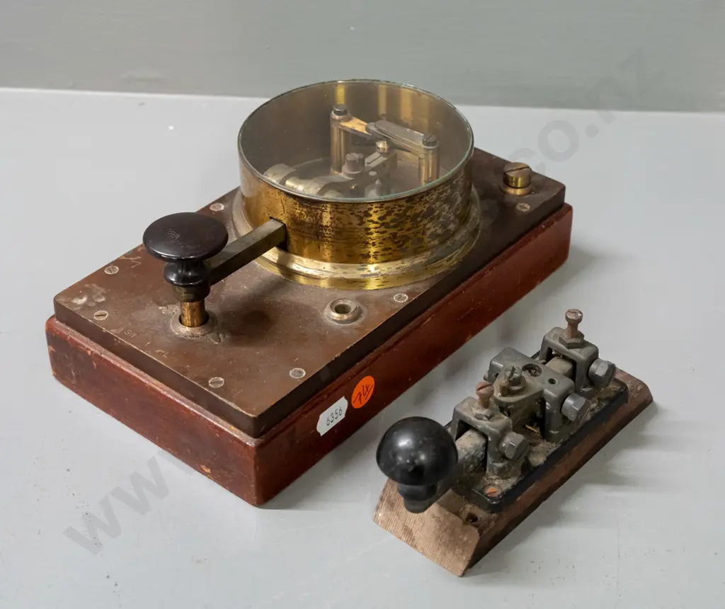 2 vintage Morse code keys - larger one has brass casing on wooden base, J & AA Norton Gore Southland label Image 1++