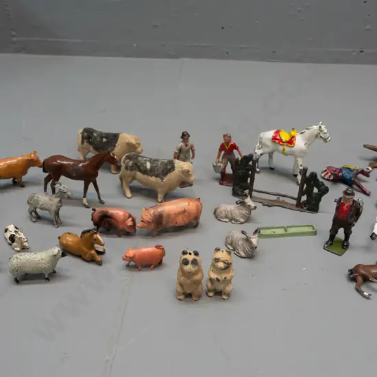 Assorted vintage cast metal farm animals and other figures, most unmarked, one marked Britains