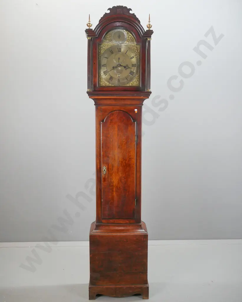 Georgian English oak long-cased clock with brass face & break-arch dial marked Rob't Dunne London, spandel corners, Image 1++