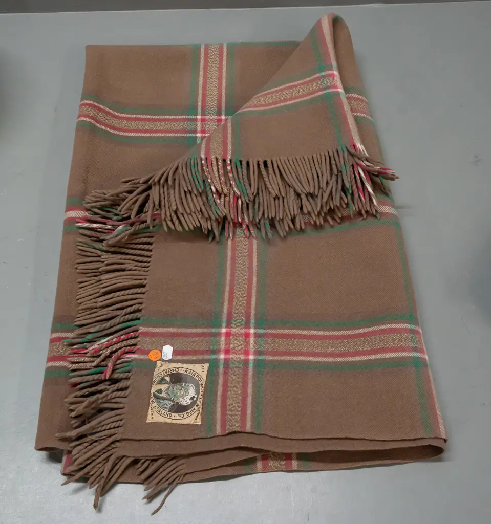 woollen travel rug with Kaiapoi Woollen Christchurch Maori chief label - small spots of staining Image 1++