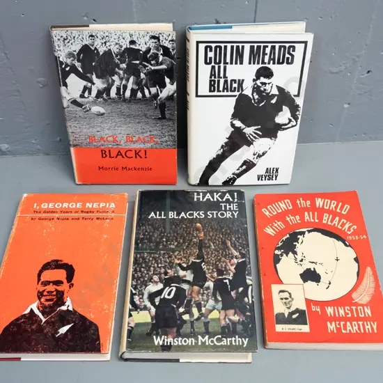 5 rugby books - All Blacks, George Nepia, Colin Meads, etc. - some wear, see photos for condition