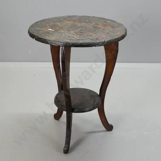 vintage beech lamp table with carved floral decoration to top and legs, carved sweeping legs, bottom shelf, some wear