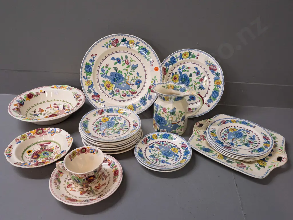 Mason's "Regency" pattern hand painted over transfer ironstone table ware, 2 different colours - jug, varying size bowls Image 1++