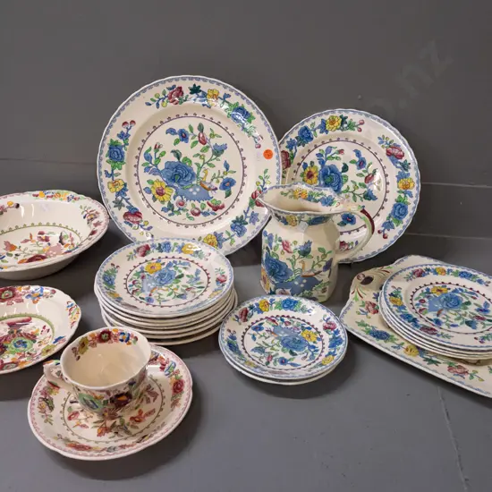Mason's "Regency" pattern hand painted over transfer ironstone table ware, 2 different colours - jug, varying size bowls