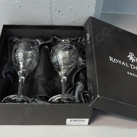 boxed pair of Royal Doulton 'Falling Stars' etched and frosted crystal wine glasses. Glass H-190