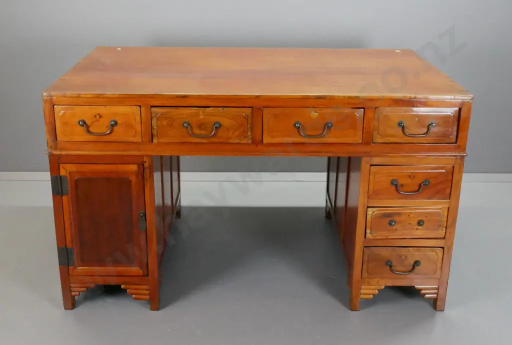 vintage Chinese elm and mixed timbers partner's desk, 10 drawers on one side, 4 and 2 cupboard doors on other. Replaced Image 1++