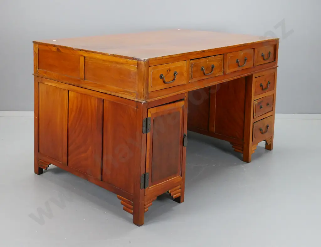 vintage Chinese elm and mixed timbers partner's desk, 10 drawers on one side, 4 and 2 cupboard doors on other. Replaced Image 1++