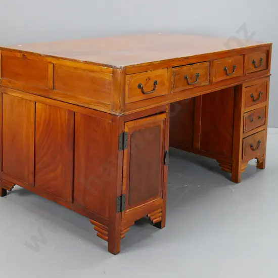 vintage Chinese elm and mixed timbers partner's desk, 10 drawers on one side, 4 and 2 cupboard doors on other. Replaced