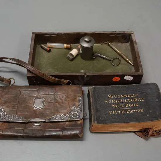 assorted vintage items - small vial with gold flakes, propelling pencil, small metal canister with