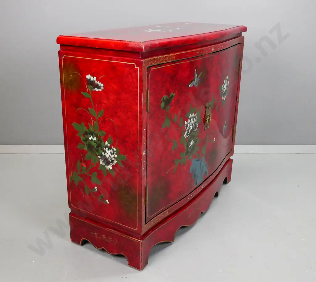 Chinese 2 door cupboard with shaped front and plinth base, red painted finish with hand painted floral and bird motifs, Image 1++