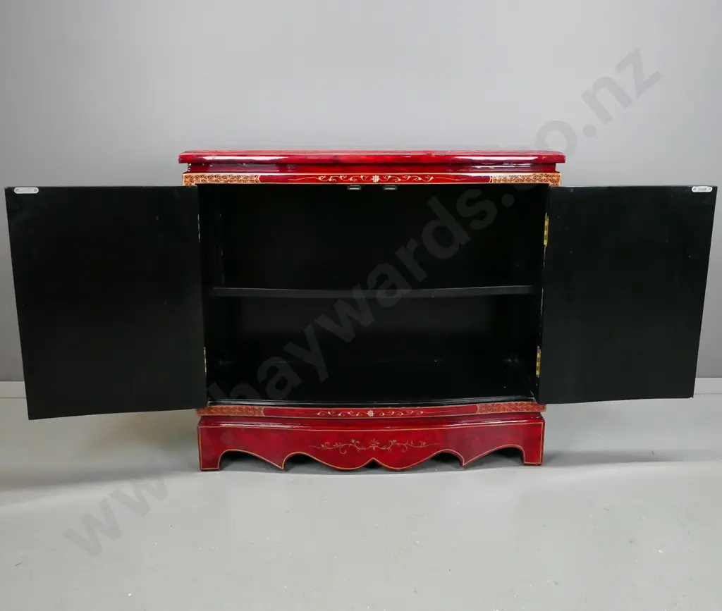 Chinese 2 door cupboard with shaped front and plinth base, red painted finish with hand painted floral and bird motifs, Image 1++