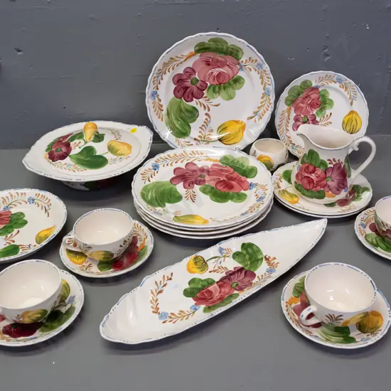assorted Simpsons Belle Fiore table ware - 5 dinner plates, 3 sides, 4 cups & saucers, bowl, lidded tureen etc. - some