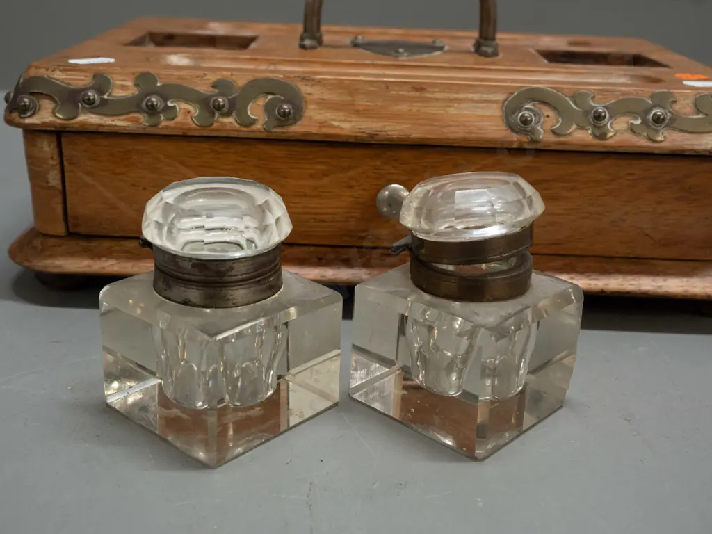 Victorian oak desk set with drawer, metal handle and corner mounts, blank shield, 2 glass ink bottles with hinged metal Image 1++