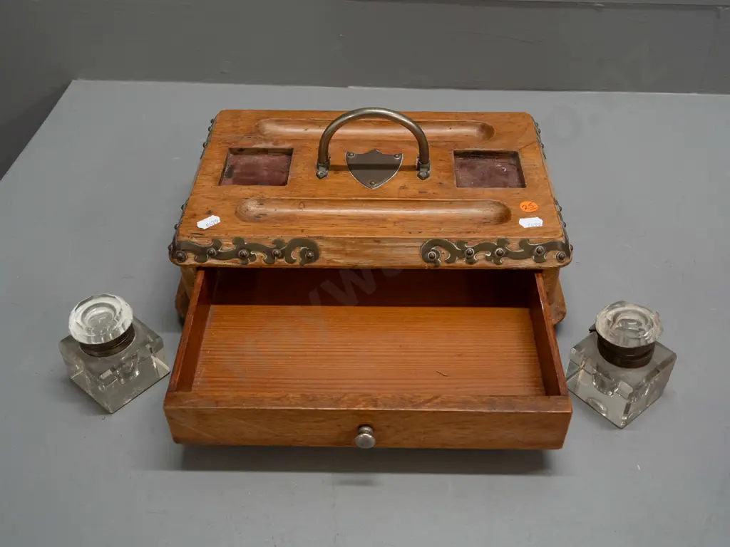 Victorian oak desk set with drawer, metal handle and corner mounts, blank shield, 2 glass ink bottles with hinged metal Image 1++
