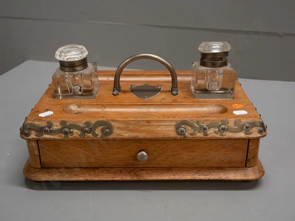 Victorian oak desk set with drawer, metal handle and corner mounts, blank shield, 2 glass ink bottles with hinged metal Image 1++