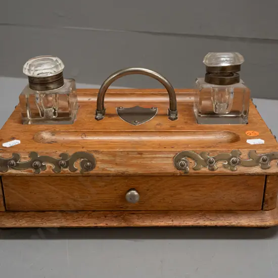 Victorian oak desk set with drawer, metal handle and corner mounts, blank shield, 2 glass ink bottles with hinged metal
