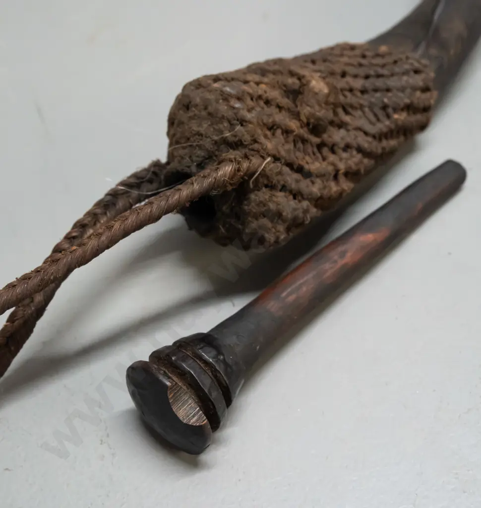 antelope horn container with woven fibre loop and end cap, with wooden stopper L-350 Image 1++