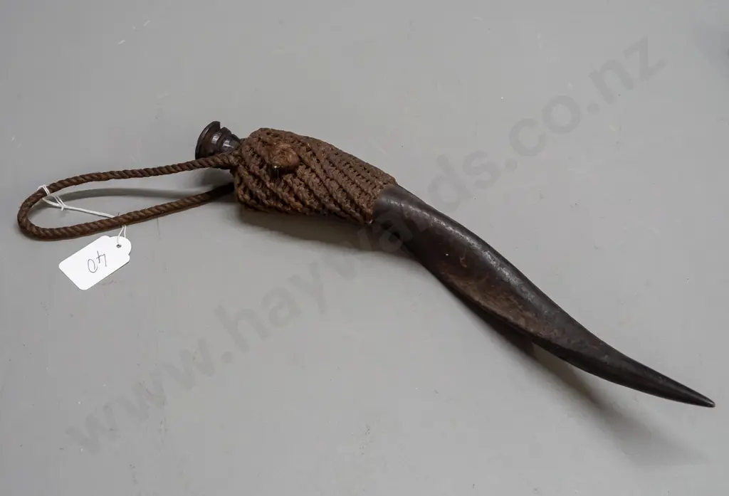 antelope horn container with woven fibre loop and end cap, with wooden stopper L-350 Image 1++