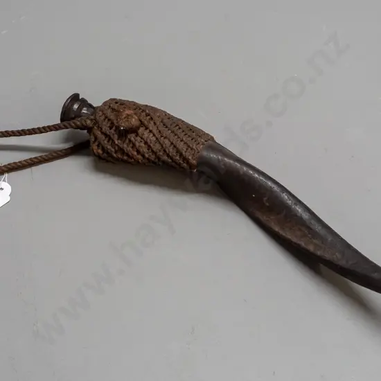 antelope horn container with woven fibre loop and end cap, with wooden stopper L-350