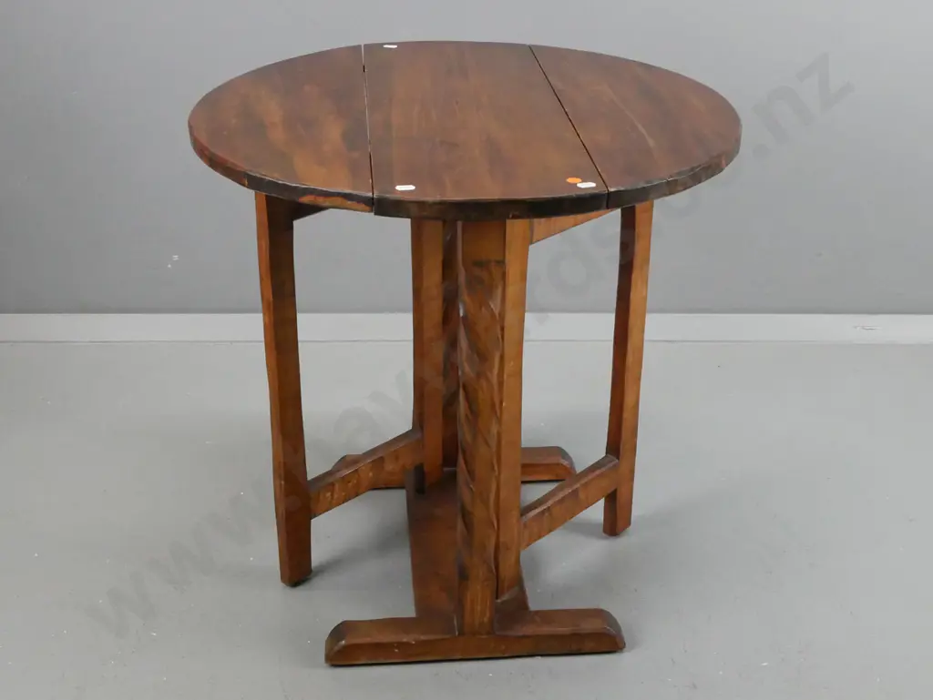 vintage James Chapman-Taylor gate leg round table with twist carved supports, on platform base, hand-adzed finish - some Image 1++