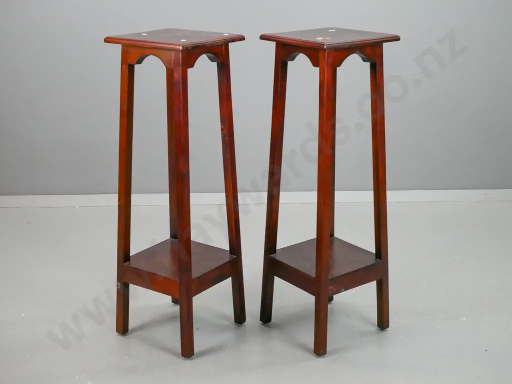 pair of reproduction mahogany plant stands with square tops, splayed square section legs & bottom platform - some Image 1++