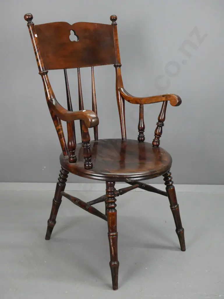 Edwardian carver chair with round seat, pierced back splat, turned legs & stretcher base, "Ibex" manufacturer's label Image 1++
