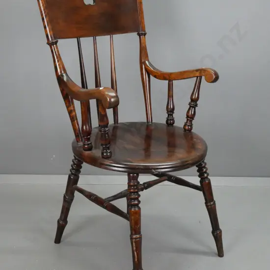 Edwardian carver chair with round seat, pierced back splat, turned legs & stretcher base, "Ibex" manufacturer's label