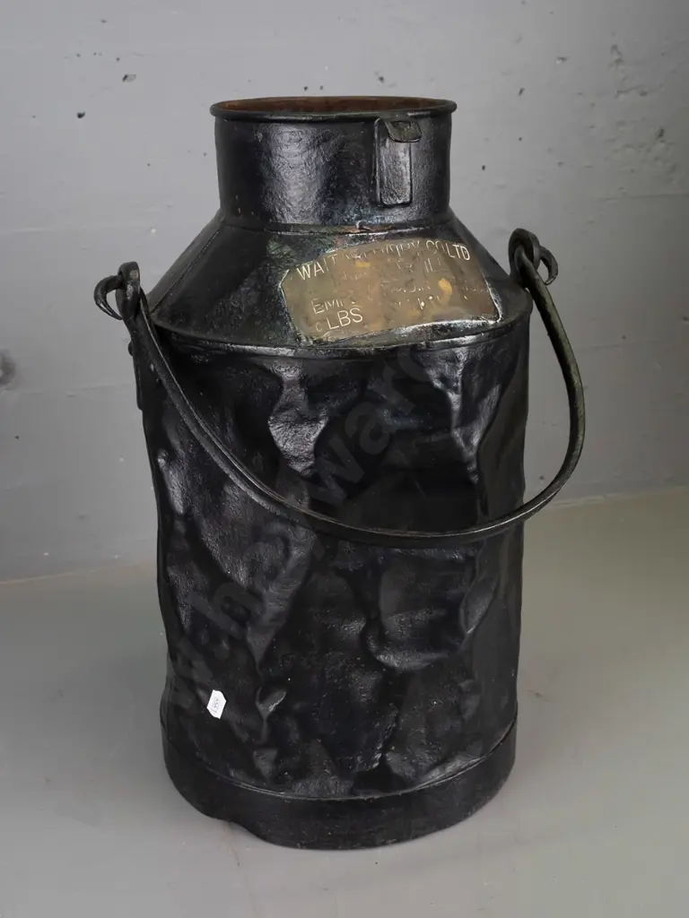vintage milk can with brass plaque for (Waitari?) Dairy Co Invercargill, D. Robertson, Wairio - painted black. Image 1++