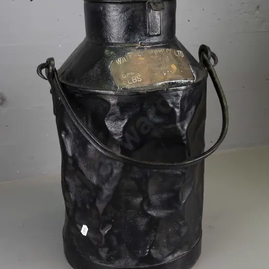 vintage milk can with brass plaque for (Waitari?) Dairy Co Invercargill, D. Robertson, Wairio - painted black.