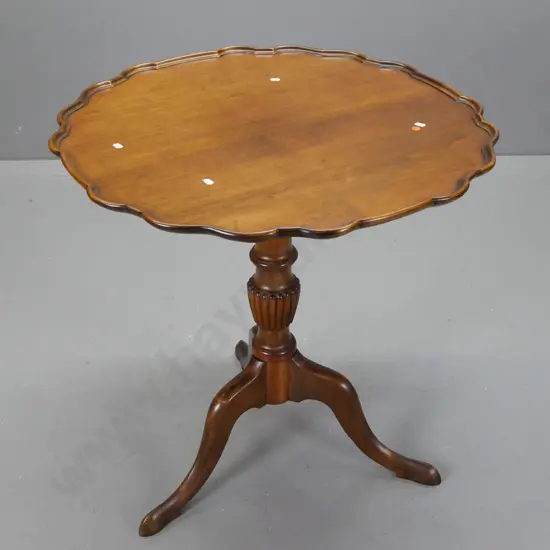 vintage beech and walnut wine table with pie-crust edge, turned column base w/ fluted knot, 3 sweeping legs H-700 D-720