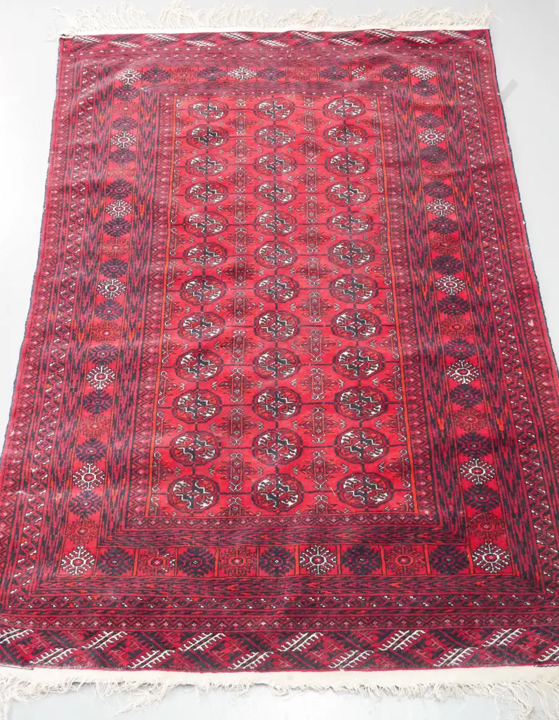 Turkoman style hand-knotted wool floor rug - dark reds and black, a few stains, minor wear, some loss of fringe L-1860 Image 1++