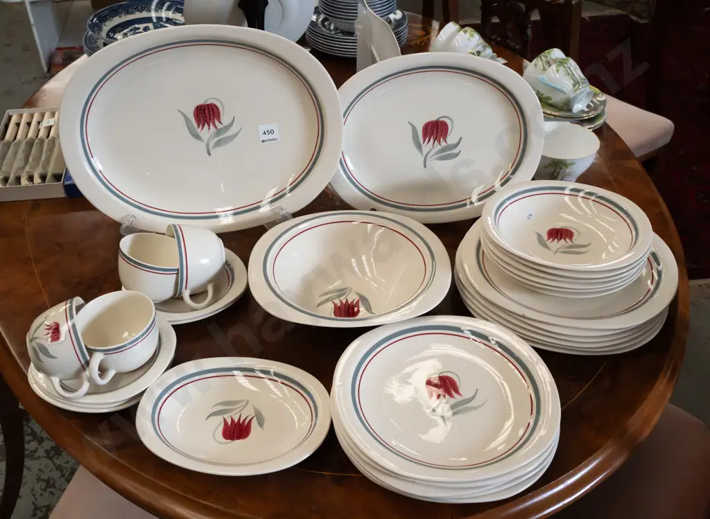 vintage Royal Swan English table ware with fritillary flower motif - 2 oval ashetts, 6 each dinner, side and bowls, 4 Image 1++