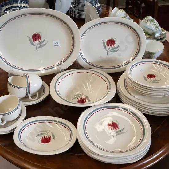 vintage Royal Swan English table ware with fritillary flower motif - 2 oval ashetts, 6 each dinner, side and bowls, 4