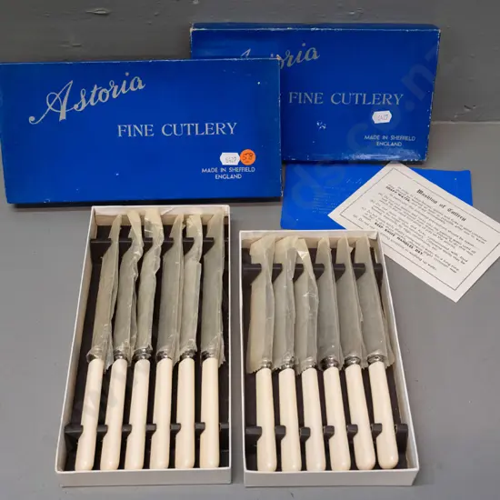 2 boxed sets of 6 Astoria Sheffield faux bone-handled knives - 6 large and 6 small