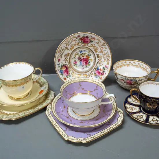2 trios and 2 cups & saucers - Royal Doulton floral cup & saucer cup signed E. Wood, Aynlsey, Balmoral and small