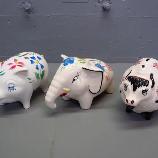 3 retro English floral pattern china money boxes - Arthur Wood elephant L-225 and pig, and a bull marked England