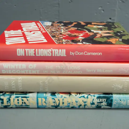 4 rugby books - Lions and All Blacks topics, 1960s thru 80s - fading, wear, etc - see photos for condition