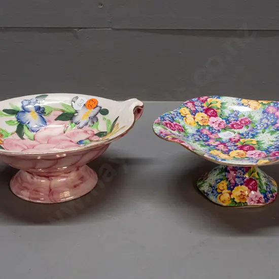 2 comports - Maling thumbprint pink H-75 D-200 and Royal Winton "Julia" pattern