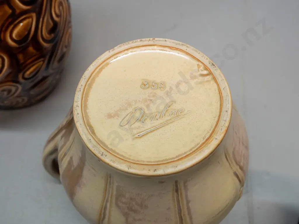 vintage Denbac pottery jug marked number 356 and a retro "Celtic" Irish pottery vase with incised swirls H-350 Image 1++