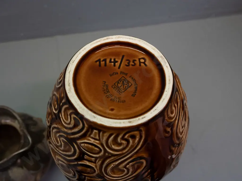 vintage Denbac pottery jug marked number 356 and a retro "Celtic" Irish pottery vase with incised swirls H-350 Image 1++