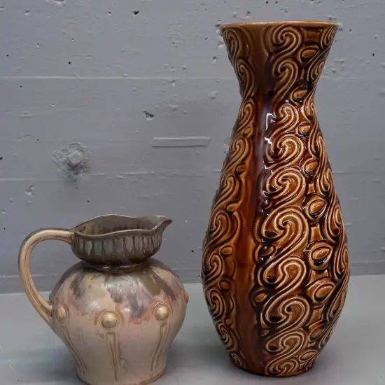 vintage Denbac pottery jug marked number 356 and a retro "Celtic" Irish pottery vase with incised swirls H-350