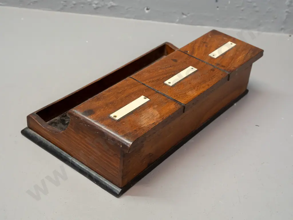 vintage inkwell stand with 3x glass liners & 3x hinged lids w/faux bone labels. Incl some rusty pen nibs. Image 1++