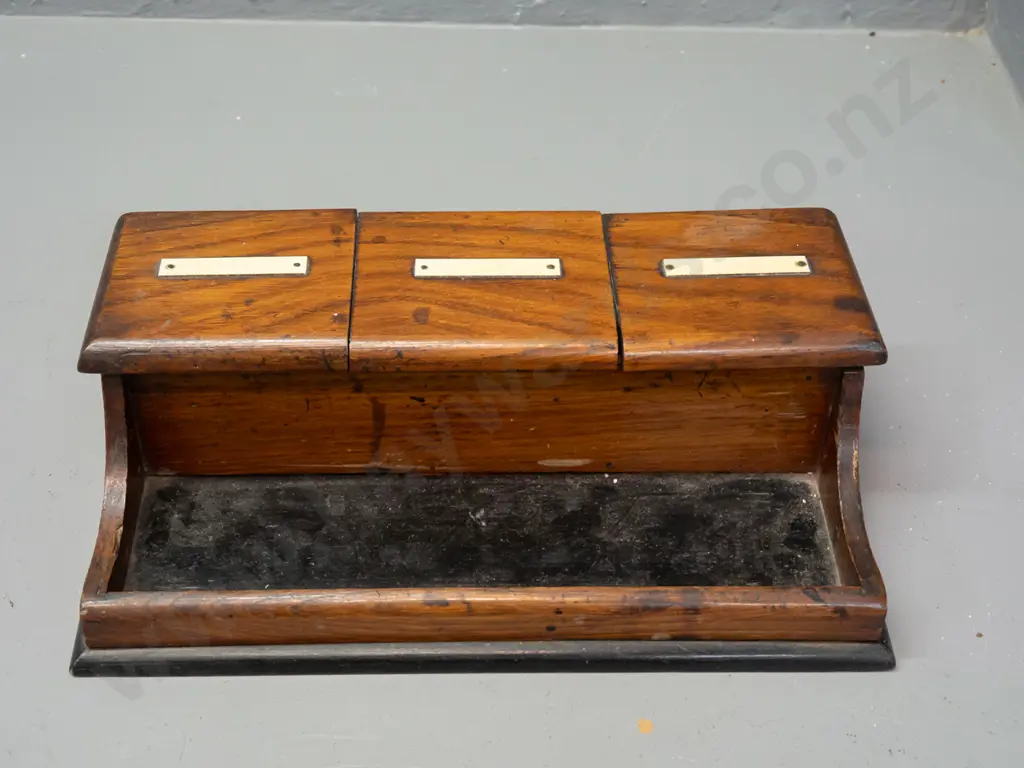 vintage inkwell stand with 3x glass liners & 3x hinged lids w/faux bone labels. Incl some rusty pen nibs. Image 1++