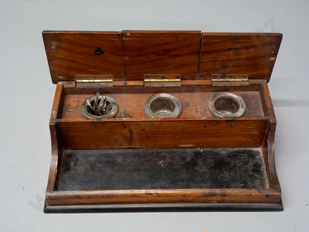 vintage inkwell stand with 3x glass liners & 3x hinged lids w/faux bone labels. Incl some rusty pen nibs. Image 1++