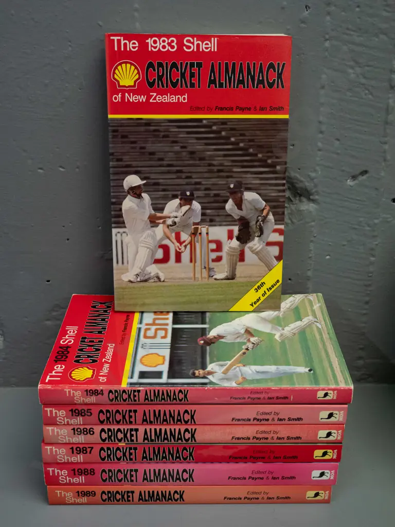7 books - Shell New Zealand Cricket Almanack - 1983 thru 1989 - some fading to covers Image 1++