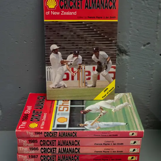 7 books - Shell New Zealand Cricket Almanack - 1983 thru 1989 - some fading to covers