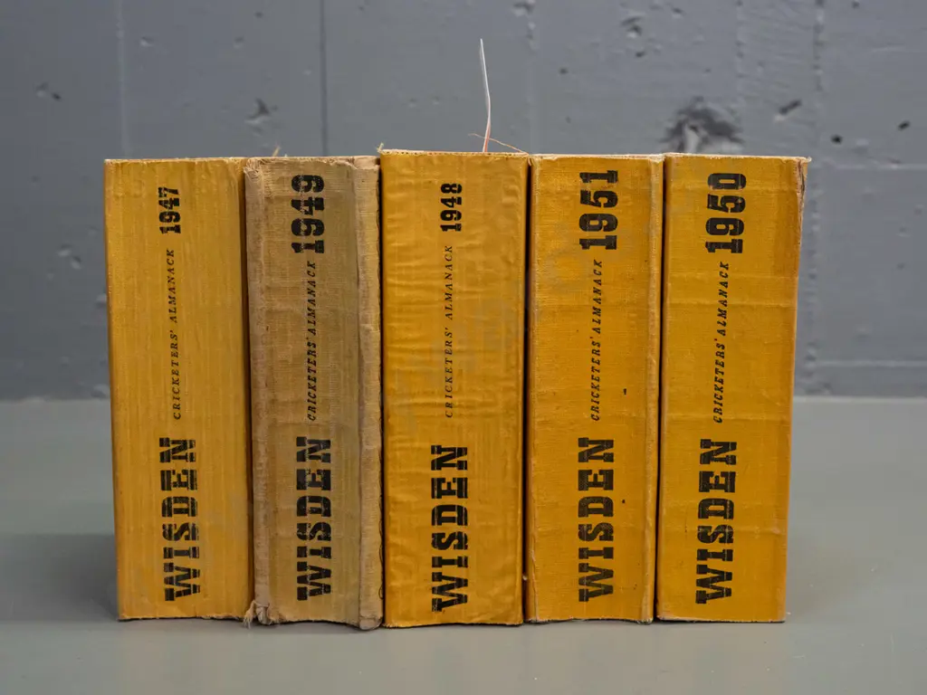 5 Wisden Cricketer's Almanack books - 1947 thru 1951 - some wear, fading & marks Image 1++