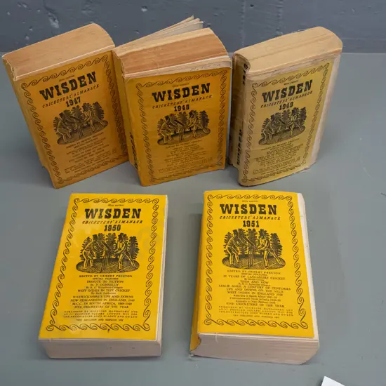 5 Wisden Cricketer's Almanack books - 1947 thru 1951 - some wear, fading & marks